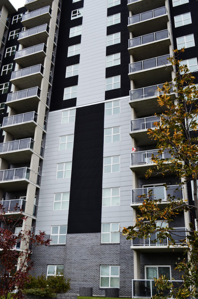 black corrugated steel cladding paired with regent grey hidden fastener panels on multi-storey apartment building